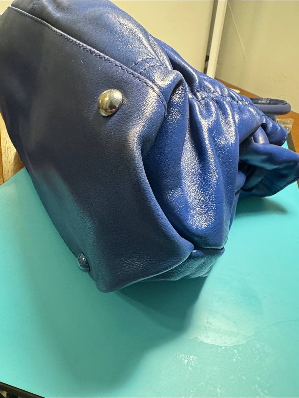 Furla Electric Blue Ruched Leather Shoulder Bag - Picture 6 of 11